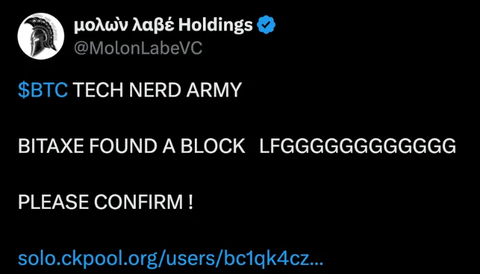 X post about Bitaxe finding a block